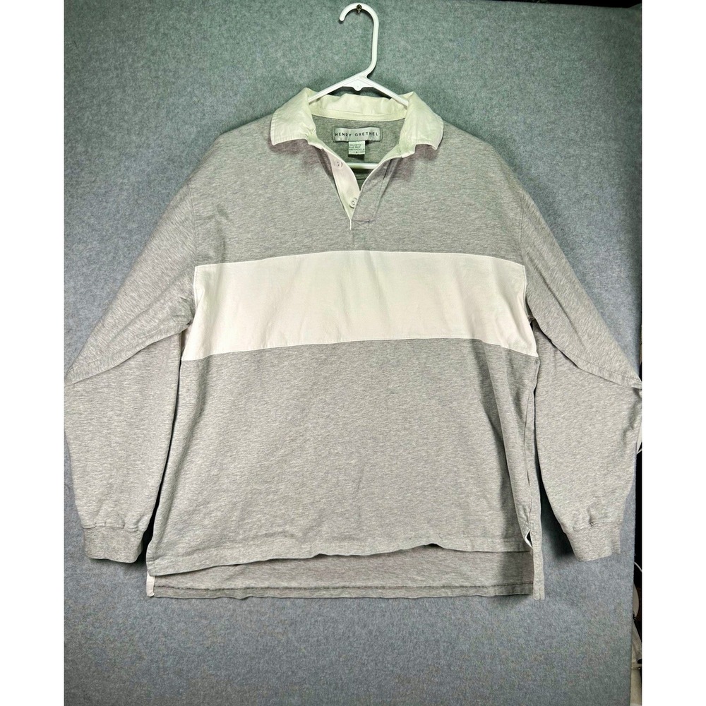 Size* Henry Grethel Polo Shirt Mens L Gray White Stripes Cotton Long Button
